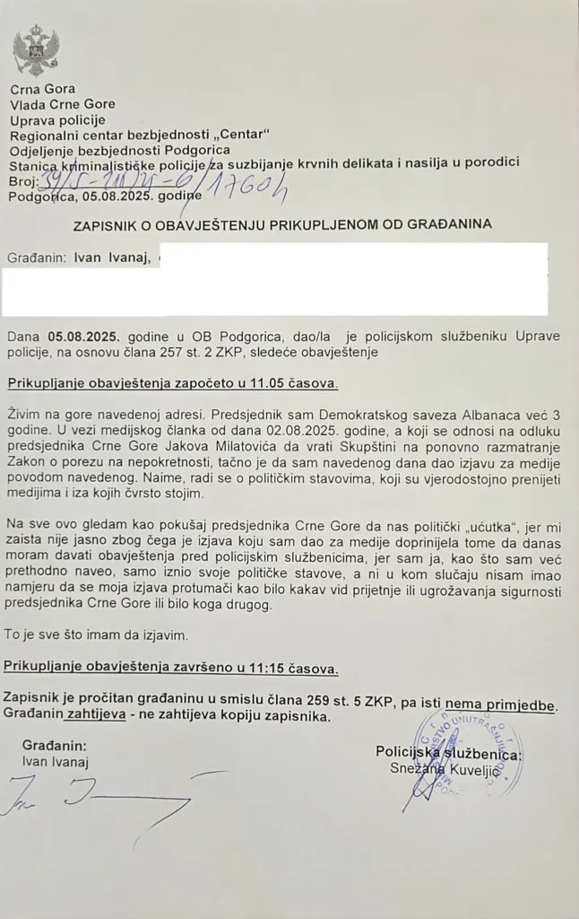 Ivan Ivanaj saslušan u policiji povodom izjava o Milatovićevoj odluci da vrati zakon