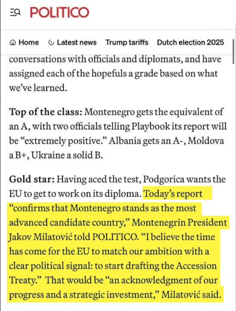 Milatović za Politico: Vrijeme da EU započne izradu Ugovora o pristupanju