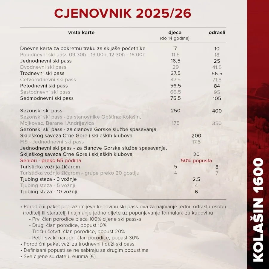Pogledajte cjenovnik Skijališta Crne Gore